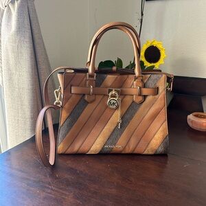 Michael Kors Brown and Tan Diagonal Stripe Leather Satchel